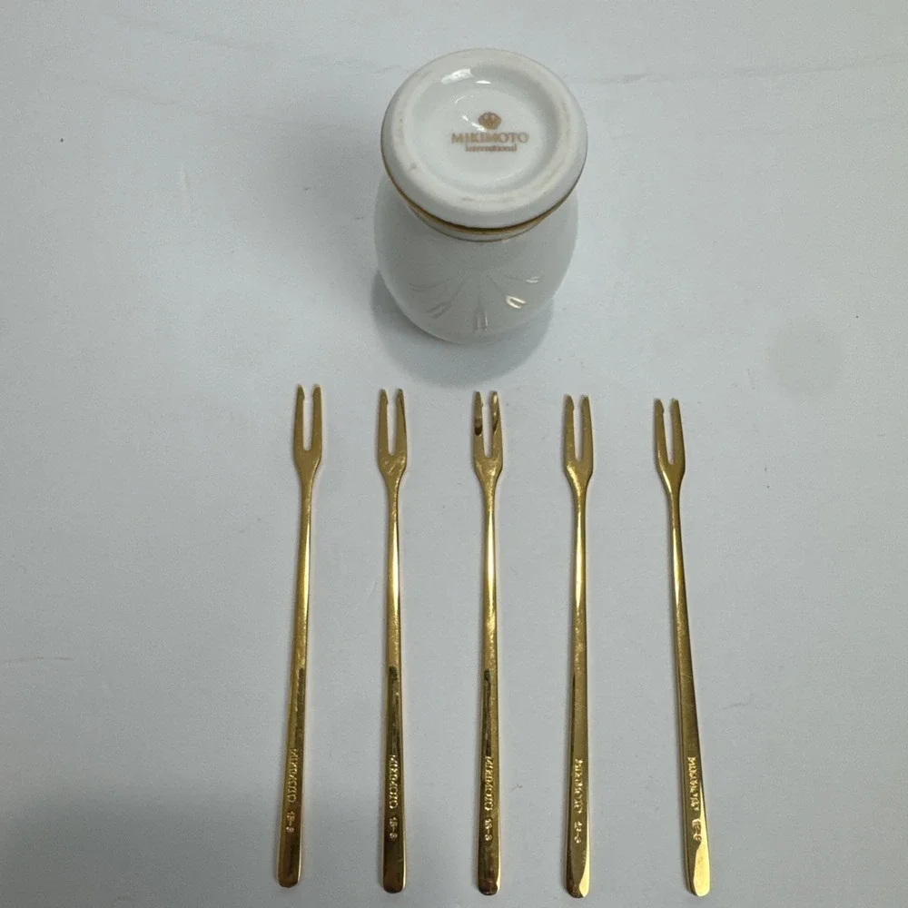 VTG Mikimoto International Gold Tone Appetizer Fork Set 5pc White Porcelain Jar